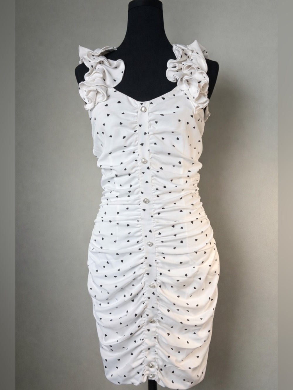 SHEIN White Heart Print Ruched Mini Dress | Ruffle Straps | Pin Up Style | Small